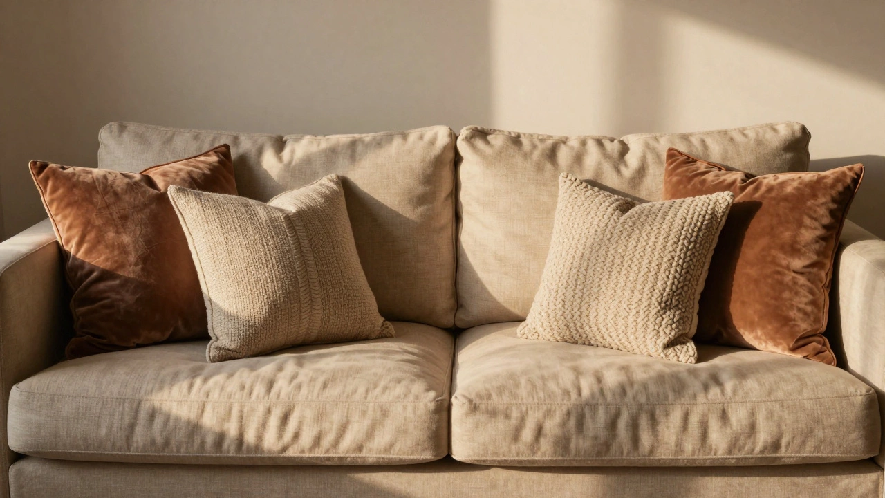 Beige sofa styled with six mixed-size cushions for a cozy layered look