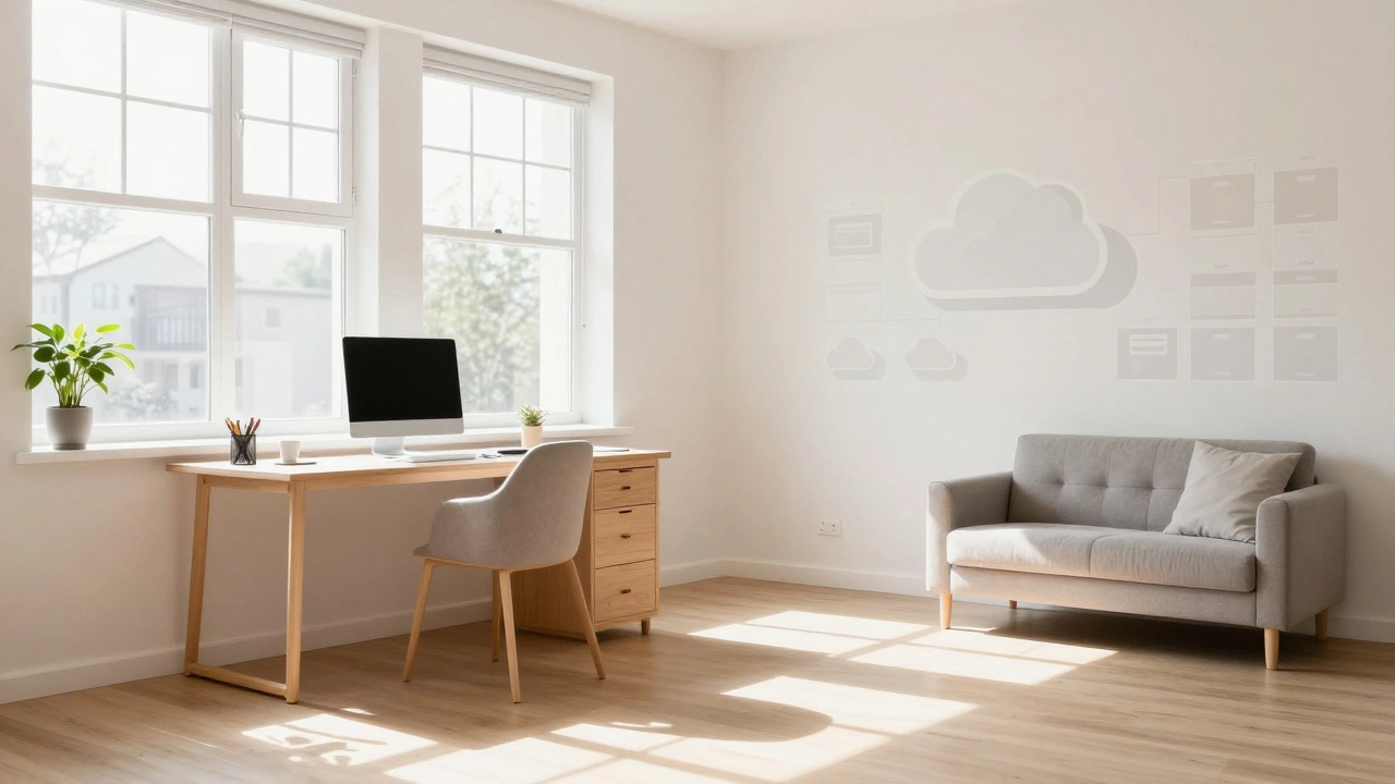 Clean, sunny home office showing benefits of decluttering and off-site storage.