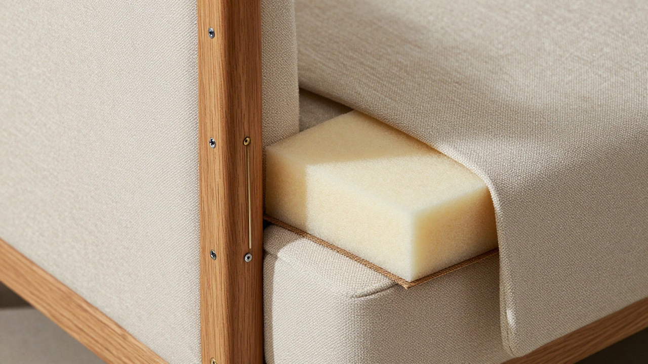 Close-up detail of sofa construction showing hardwood joints, dense foam, and fabric texture