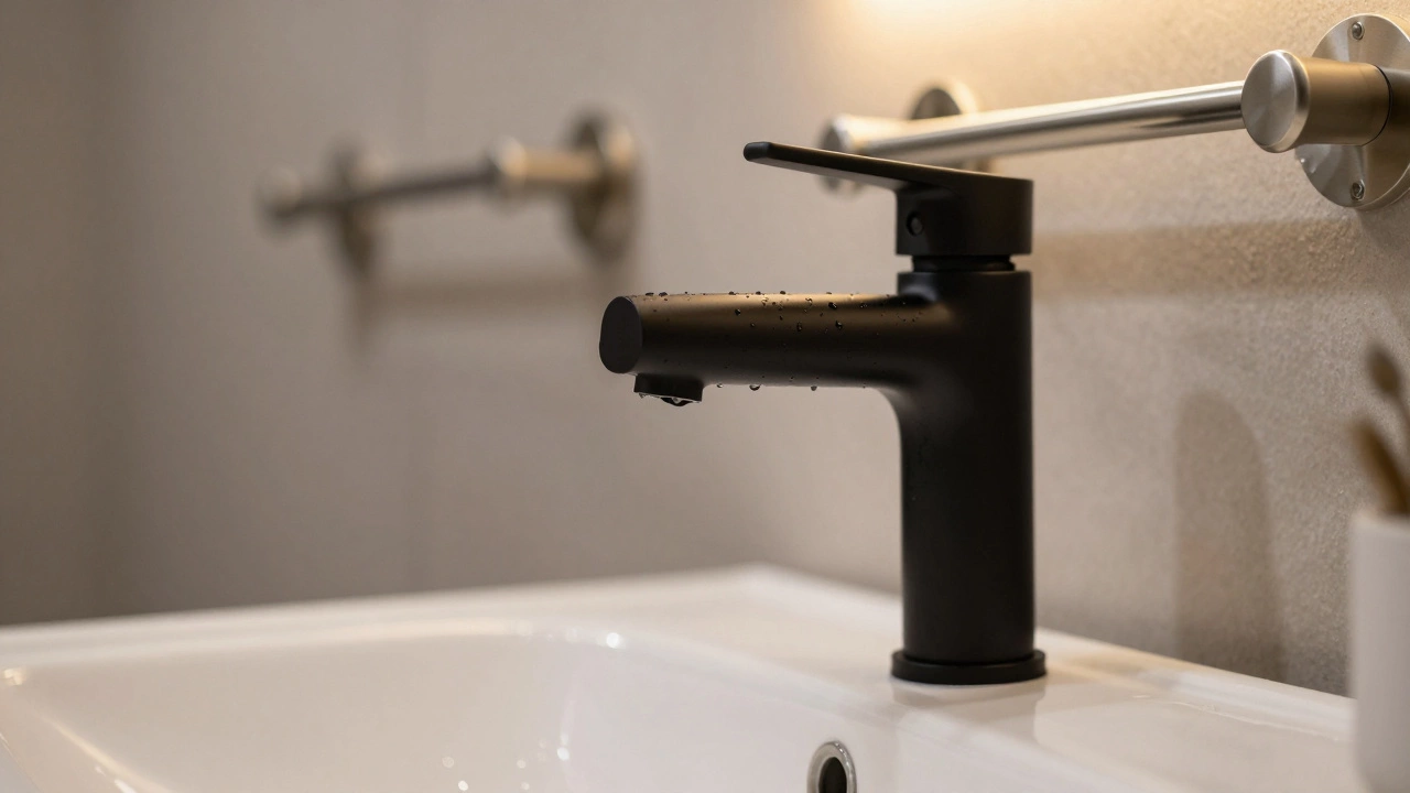Close-up of matte black faucet and brushed nickel fixtures on a sink