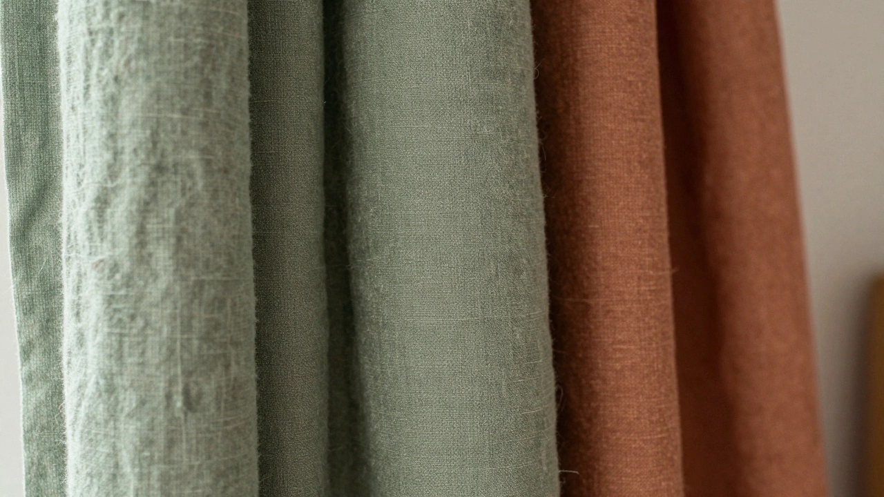 Close-up of textured sage green linen and terracotta hemp curtain fabrics