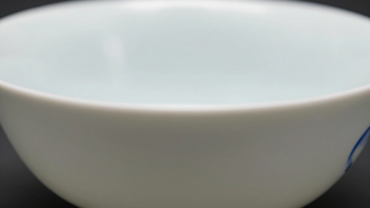 Close-up of translucent white porcelain bowl with delicate blue pattern.