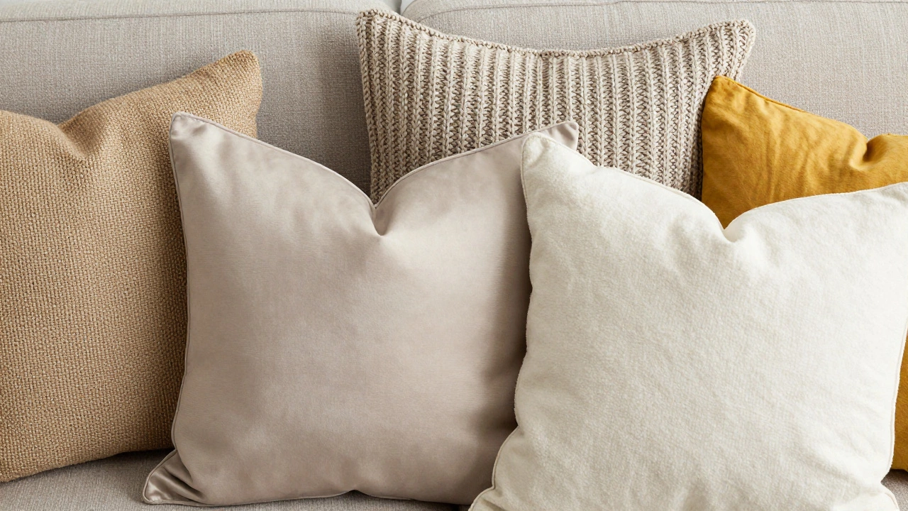 Close-up of varied throw pillow textures including velvet, knit, and linen