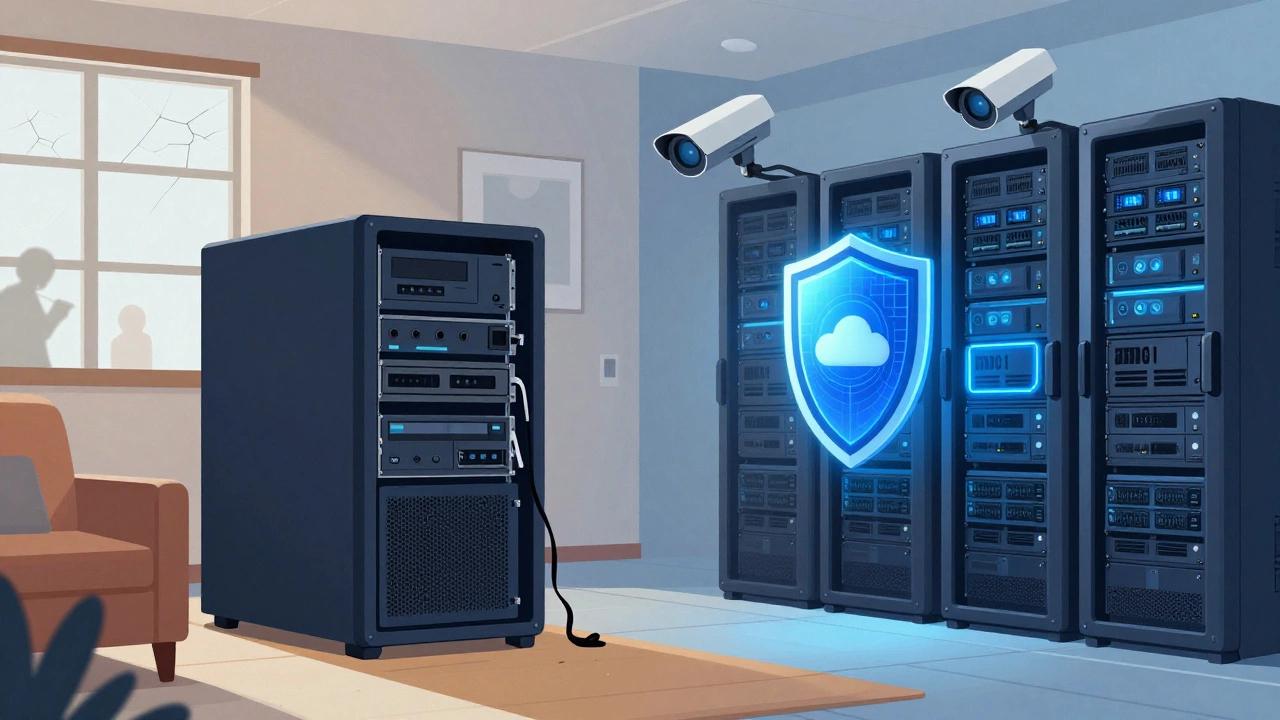 Contrast between insecure home server and secure cloud data center infrastructure.