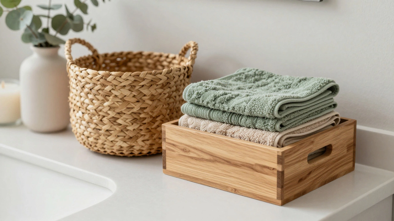 Decluttered bathroom vanity with woven baskets, wood boxes, folded towels, and fresh eucalyptus.