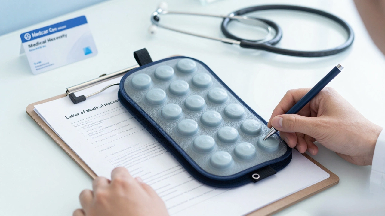 Doctor's desk with medical necessity letter and pressure relief cushion