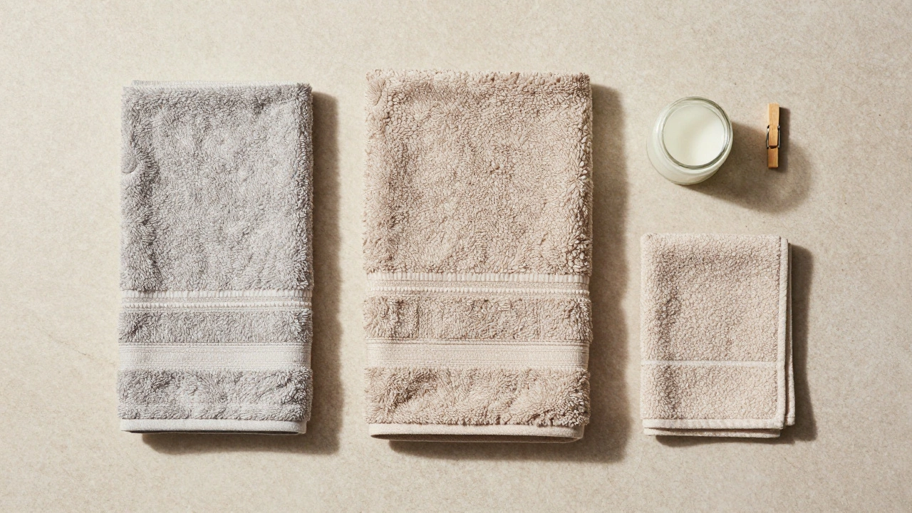 Flat lay of essential towels, vinegar, and wooden clip on stone