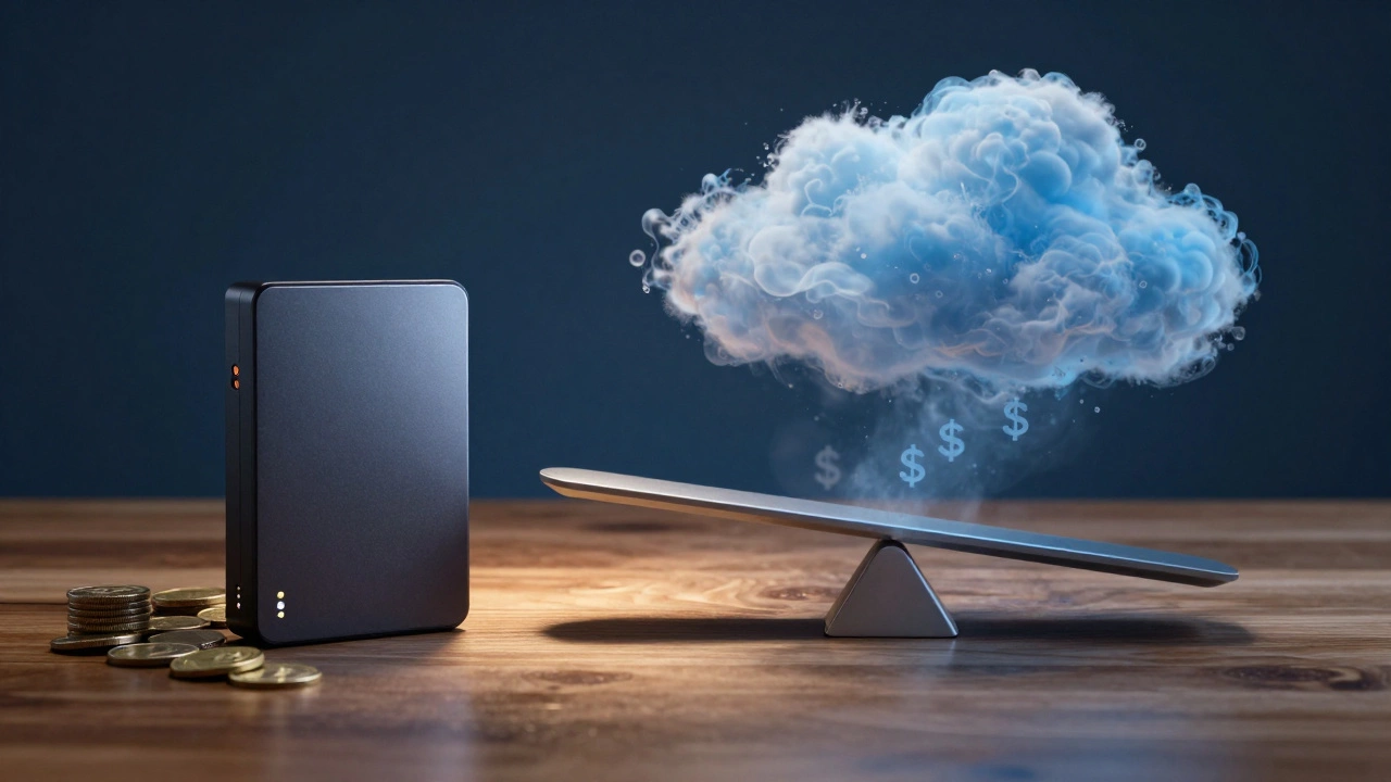 Hard drive outweighing cloud icons on a scale representing cost savings