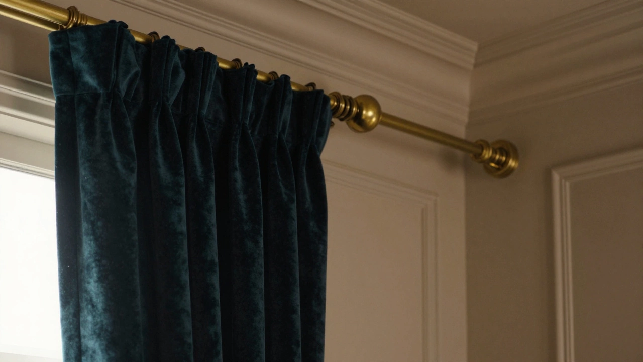 Heavy velvet drapes stacked neatly due to extended curtain rod placement.