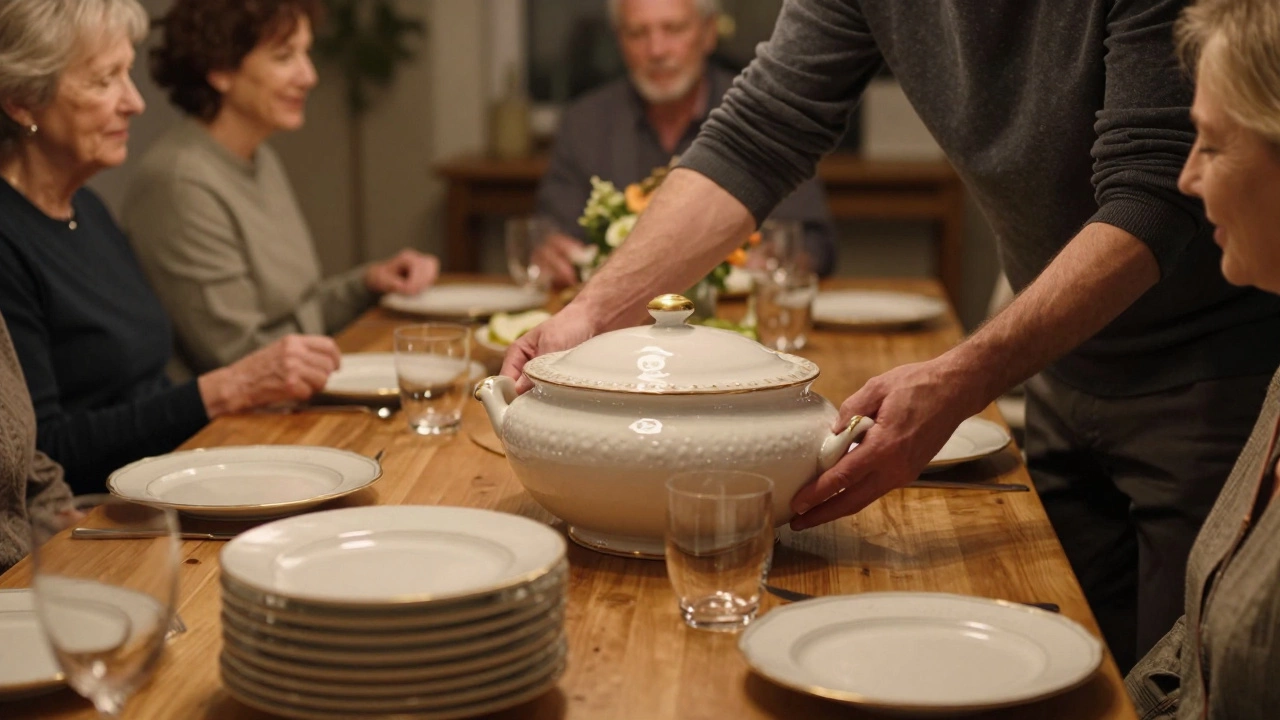 Host placing a large serving tureen on a table for a family dinner.
