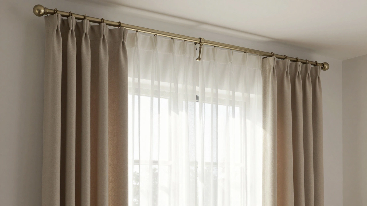 Layered sheer and blackout curtains on minimalist rods in a modern bedroom