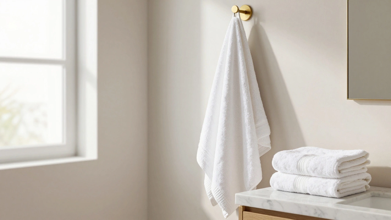 Serene bathroom with a single hanging bath towel and minimal decor