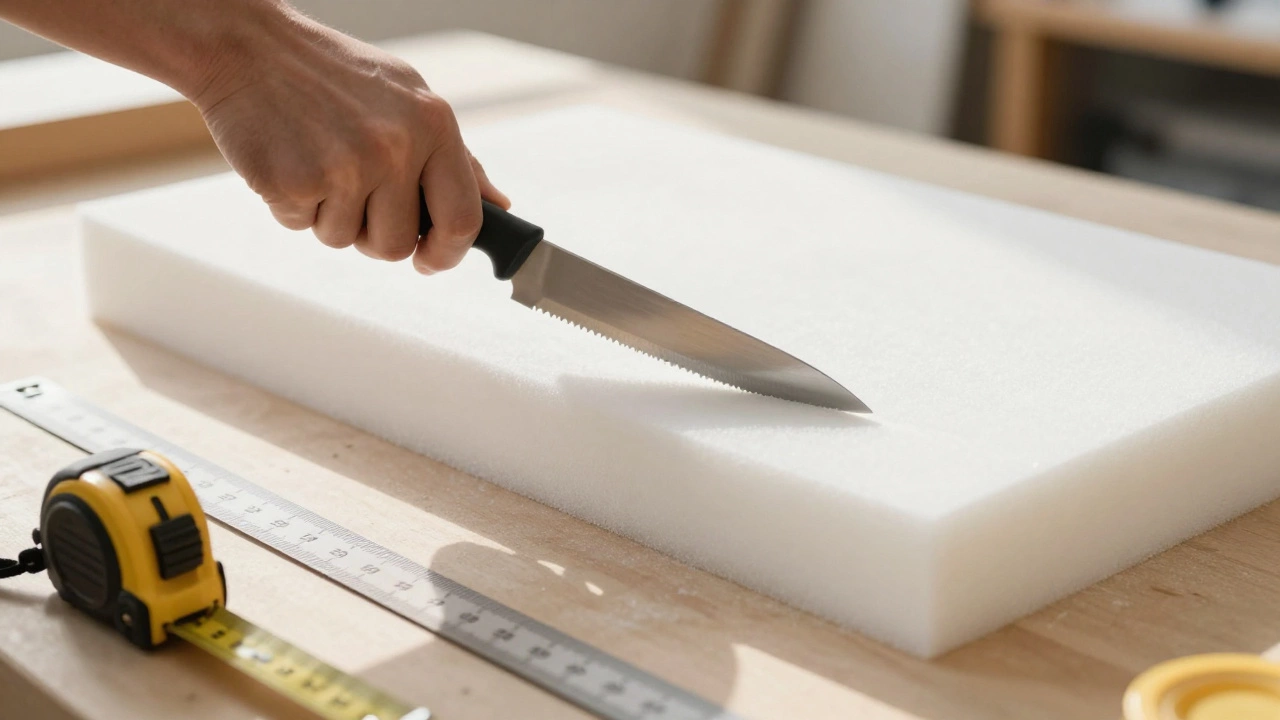 Serrated knife cutting foam for DIY sofa cushion replacement