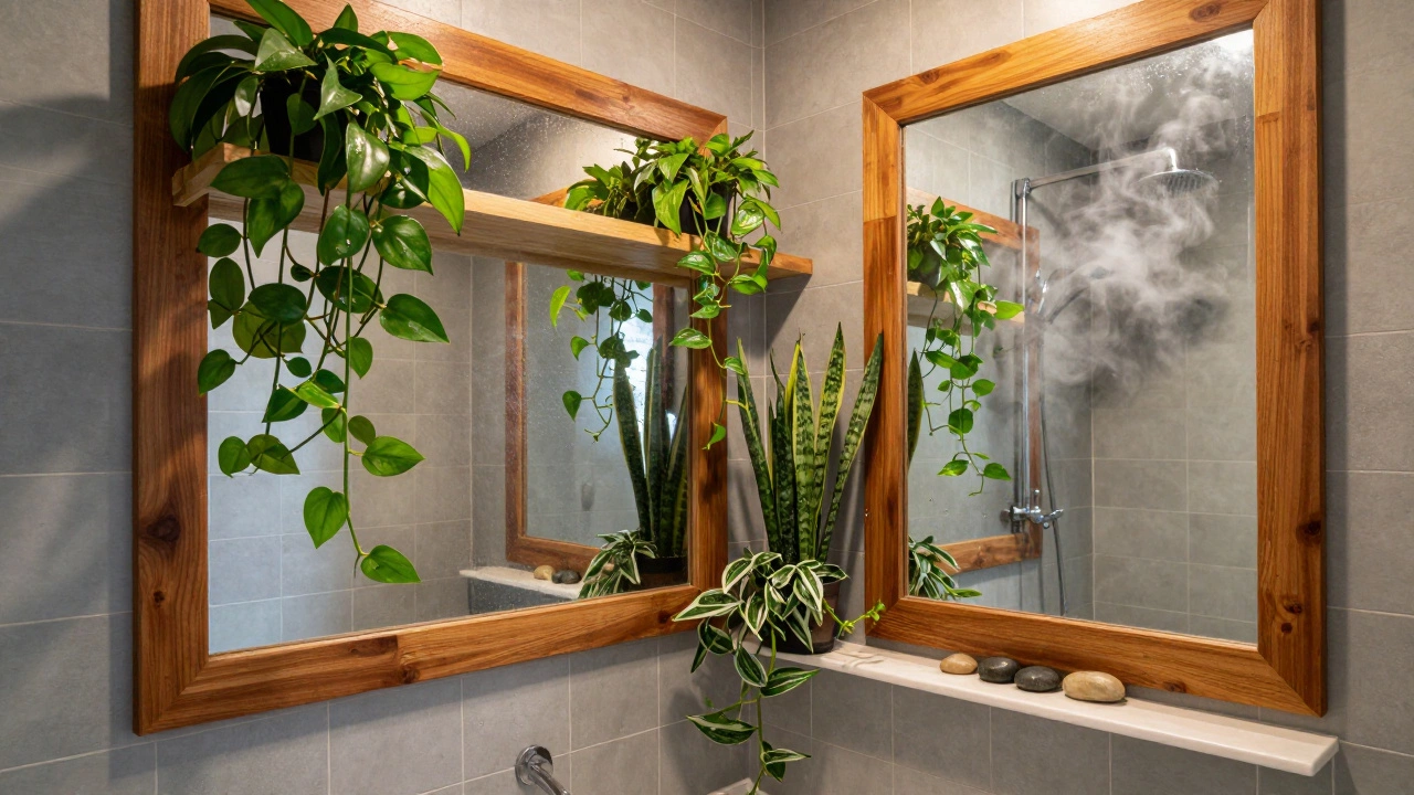Spa-like bathroom corner with wooden-framed mirror, hanging plants, and steam for a tranquil vibe.