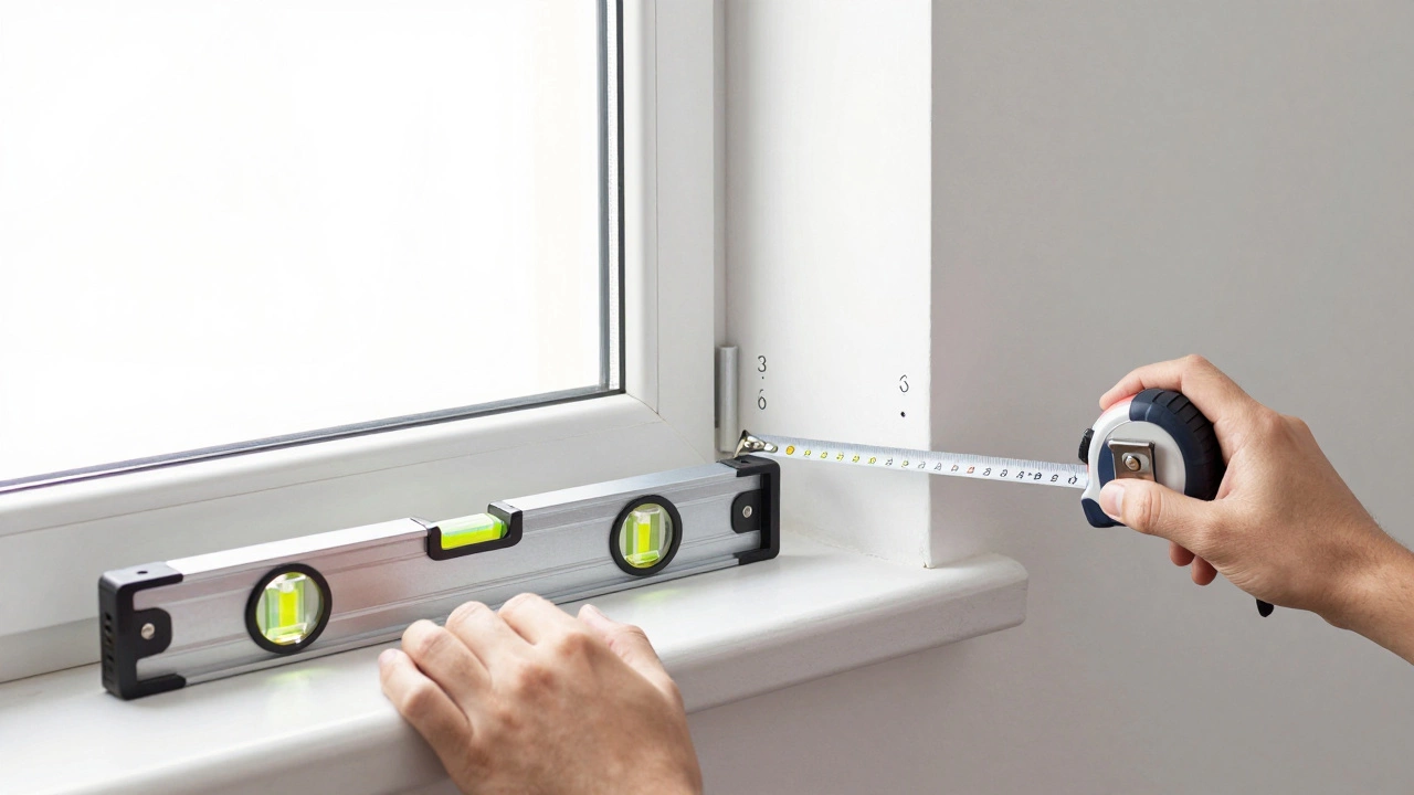 Tape measure and level used to mark curtain rod bracket positions on a wall.
