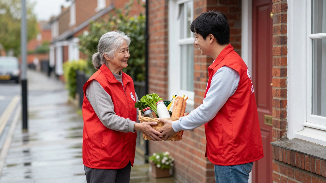 A volunteer handing groceries to an elderly woman at her door, illustrating community support.