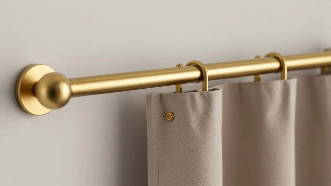 Brushed gold curtain rod and sturdy brackets holding heavy drapes