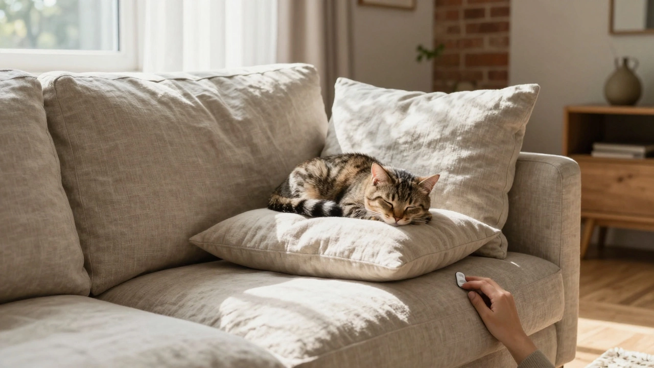Cat sleeping on a breathable linen sofa in a sunny living room