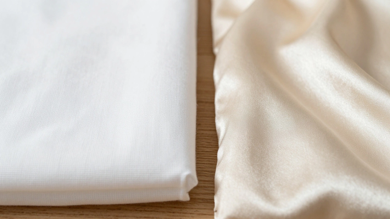 Close-up comparison of crisp percale and silky sateen cotton fabrics