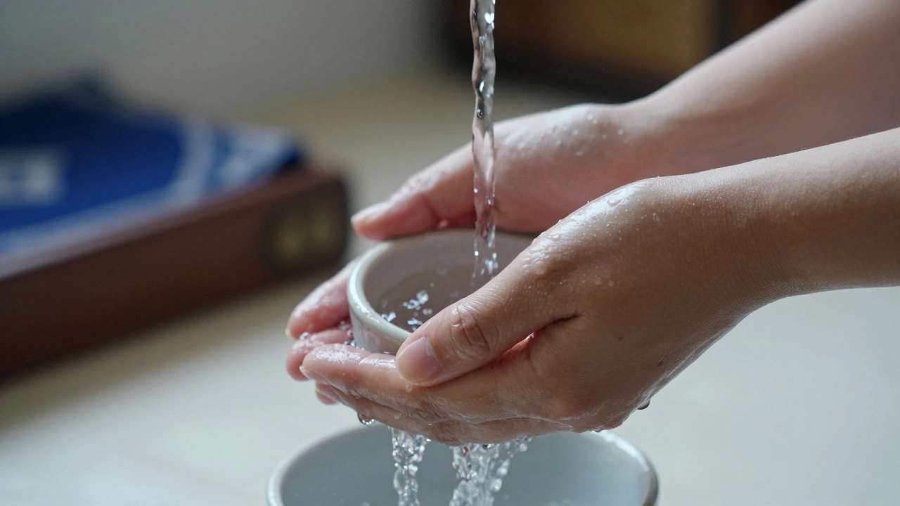 Close-up of hands being ritually washed with water from a cup, symbolizing purification.