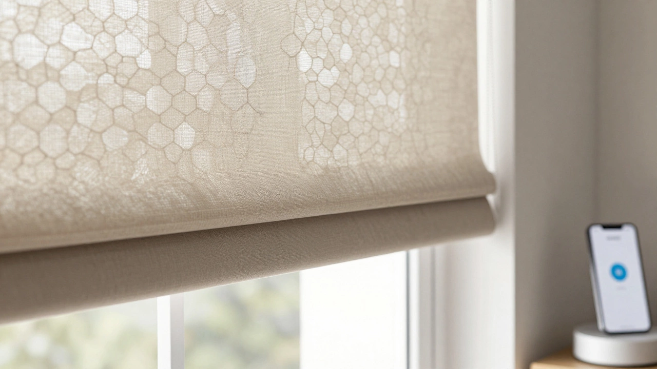 Close-up of honeycomb cellular shades with smart home tech