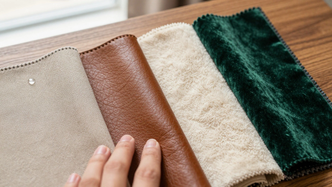 Close-up of leather, velvet, microfiber, and performance fabric swatches
