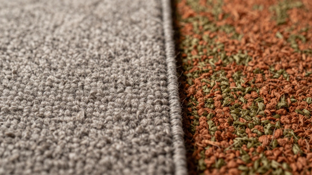 Close-up of textured greige, terracotta, and olive carpet samples