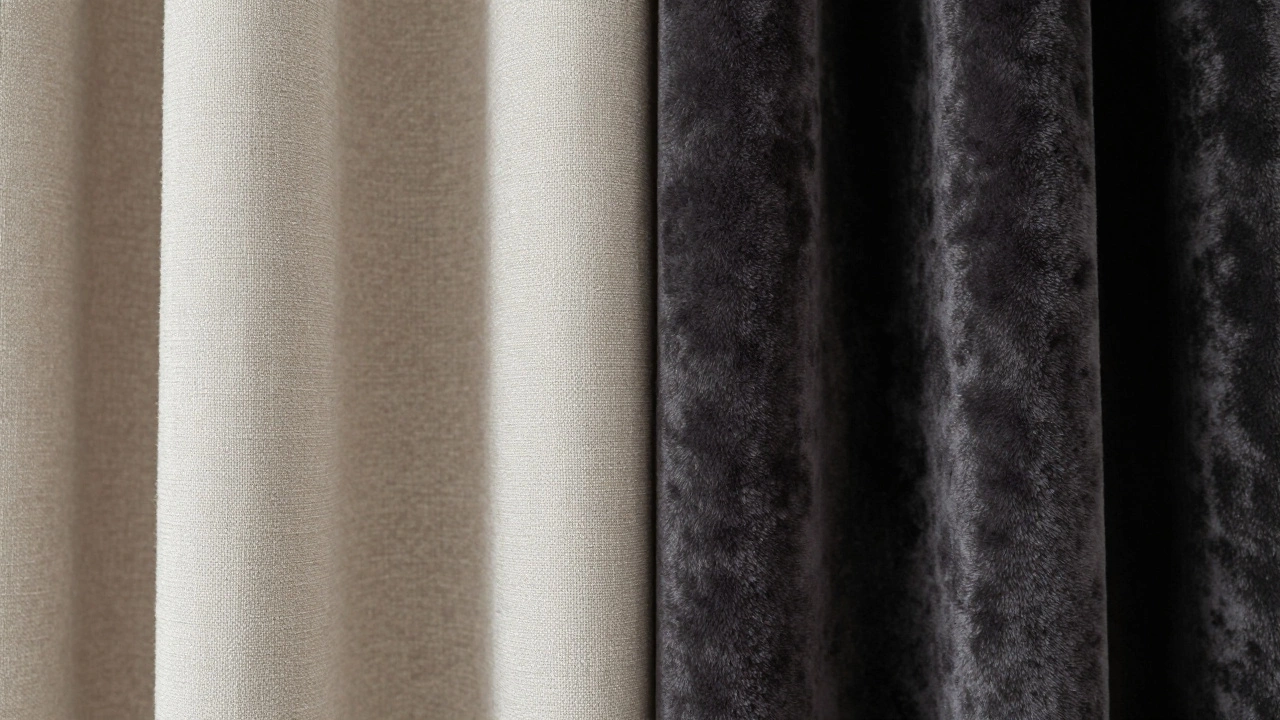 Close-up of textured linen and velvet curtain fabrics in neutral tones
