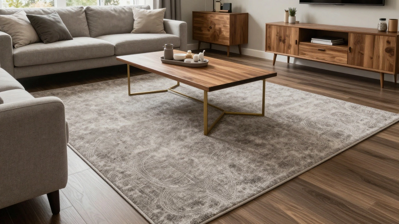 Cozy home interior with greige rug blending wood and metal decor