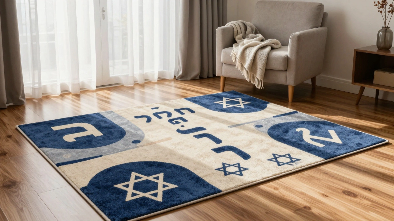 Cozy living room with an area rug featuring Hebrew letter motifs and Jewish symbols.