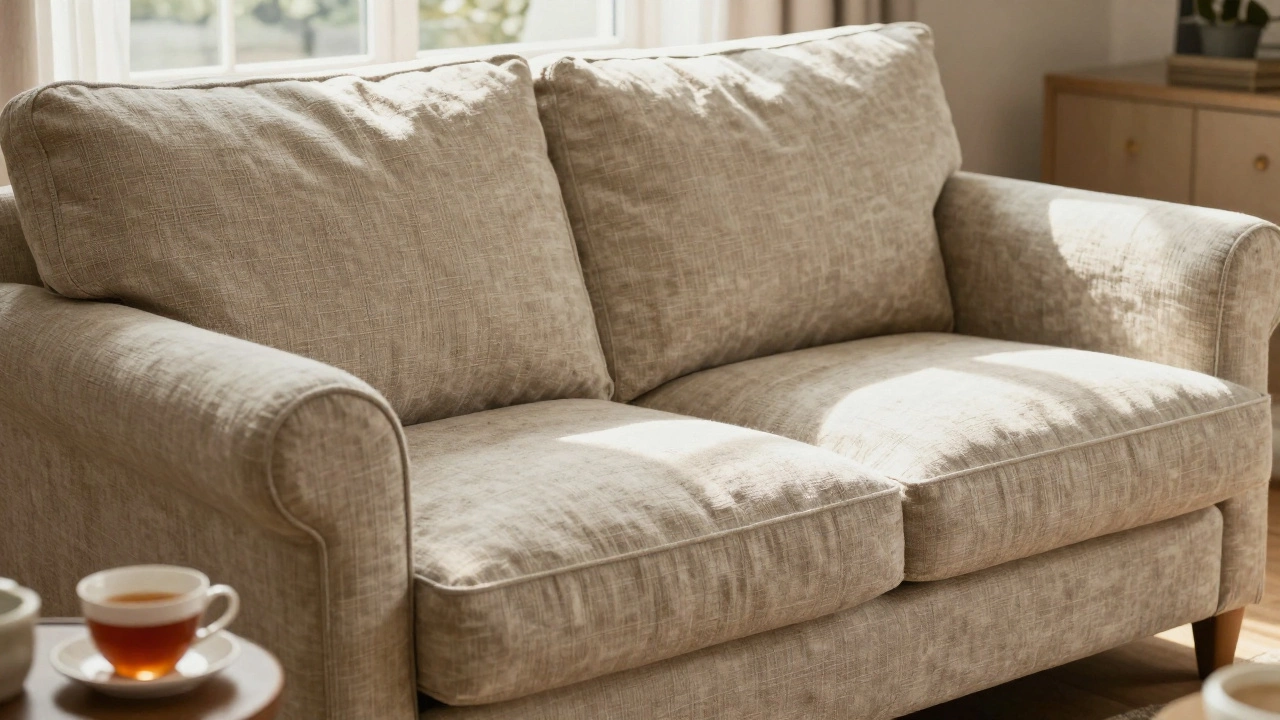 Cozy living room with linen sofa bathed in natural sunlight