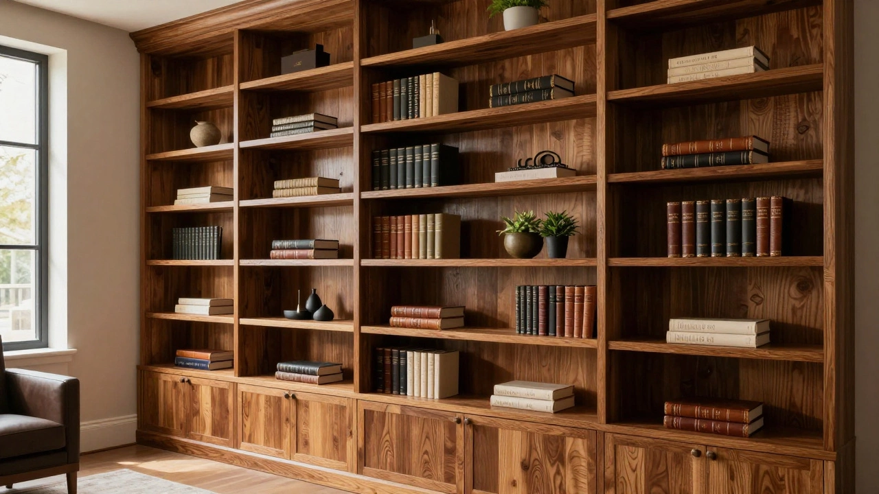 Custom built-in hardwood bookshelves in a stylish home office