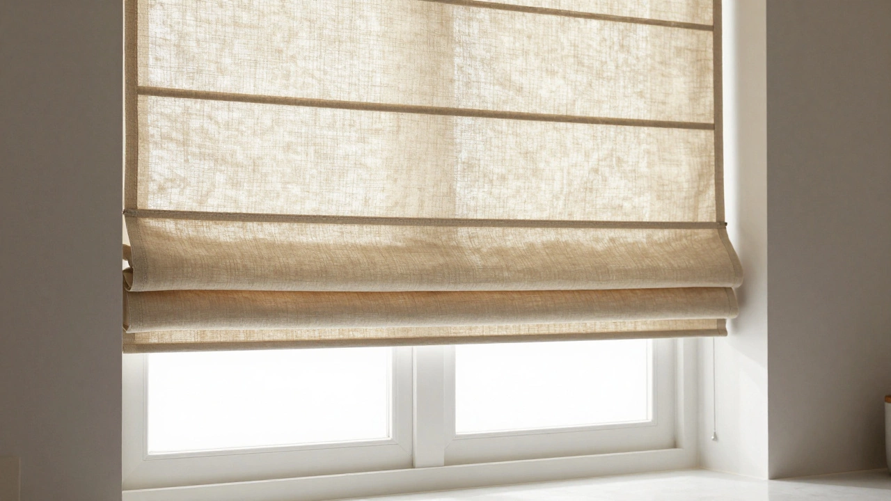 Elegant folded Roman shades in a bright kitchen window