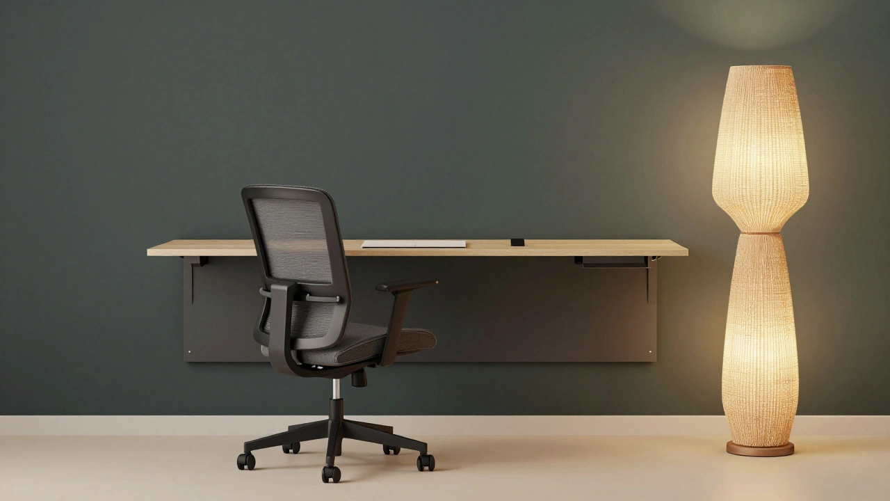 Ergonomic lounge-style chair at a wall-mounted desk with warm lighting