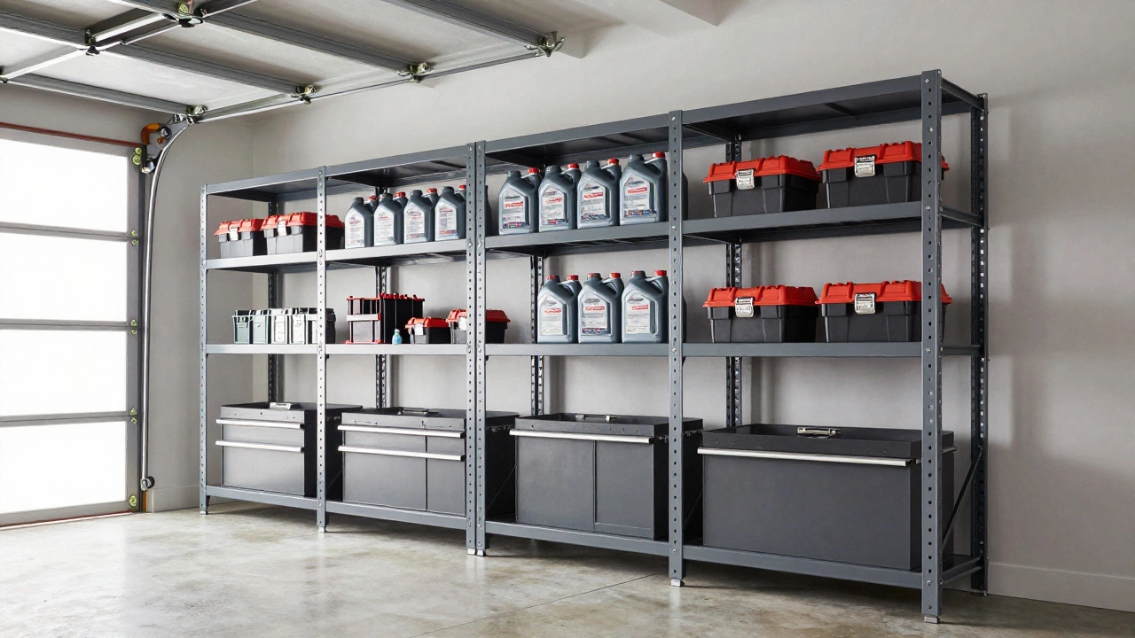 Heavy-duty industrial steel racking filled with tools in a garage