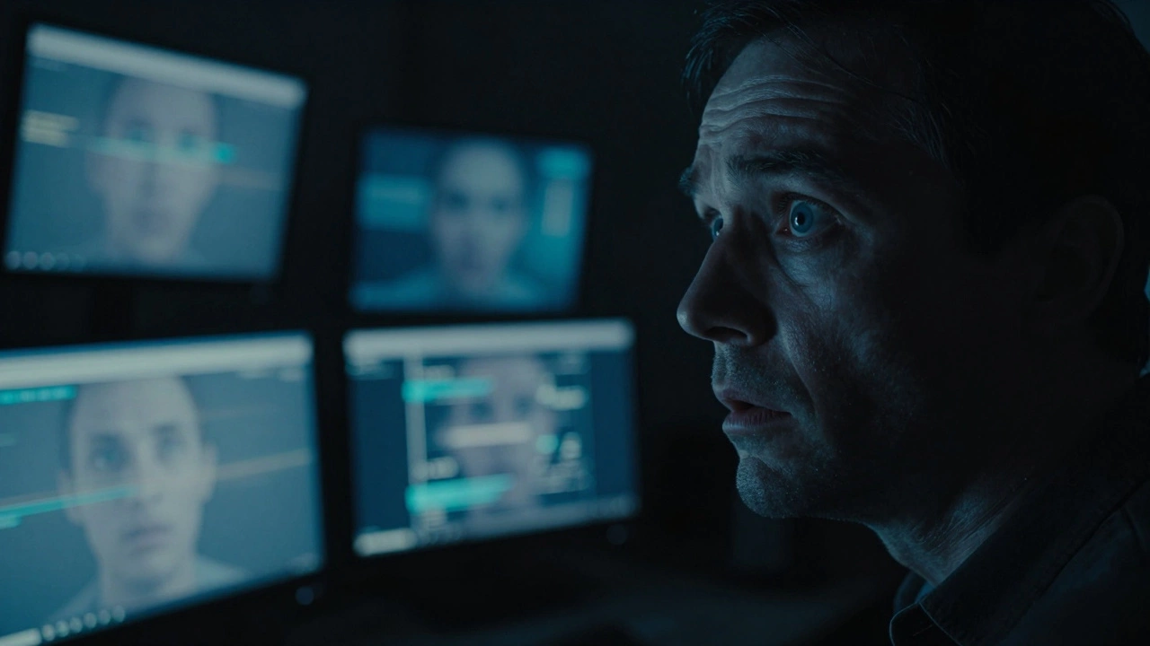 Man realizing he is in a simulation via monitor reflections