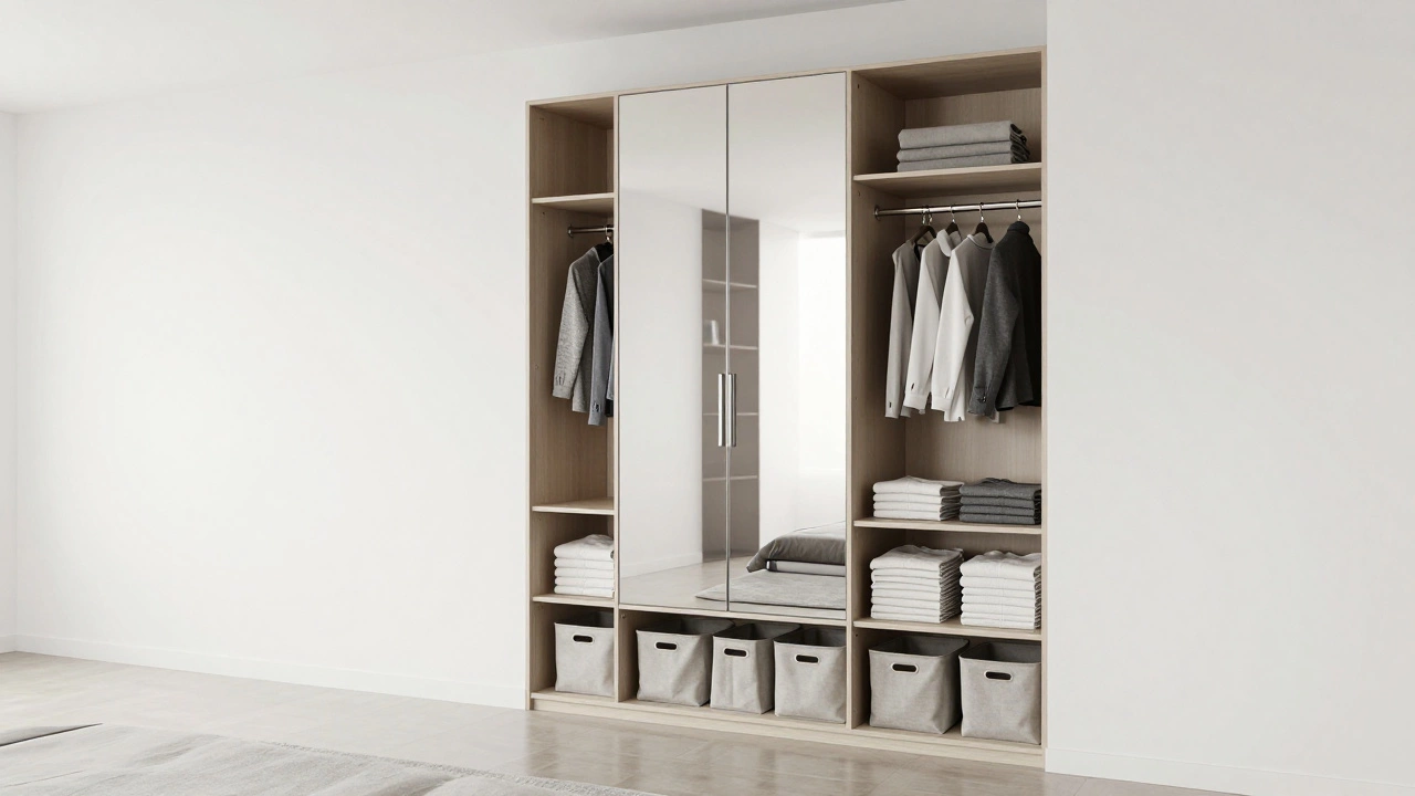 Organized bedroom using a wardrobe cabinet and open shelves