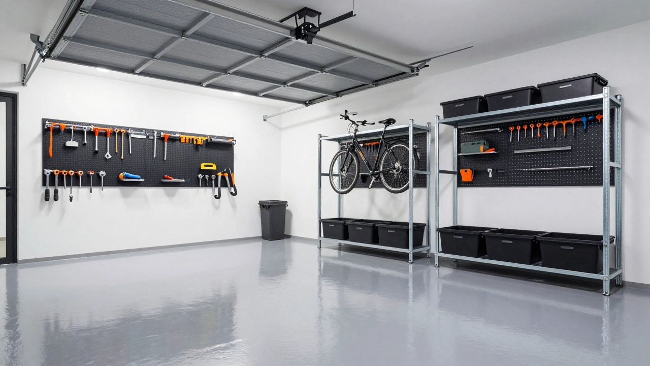 Pristine organized garage with epoxy floors and wall-mounted tool racks