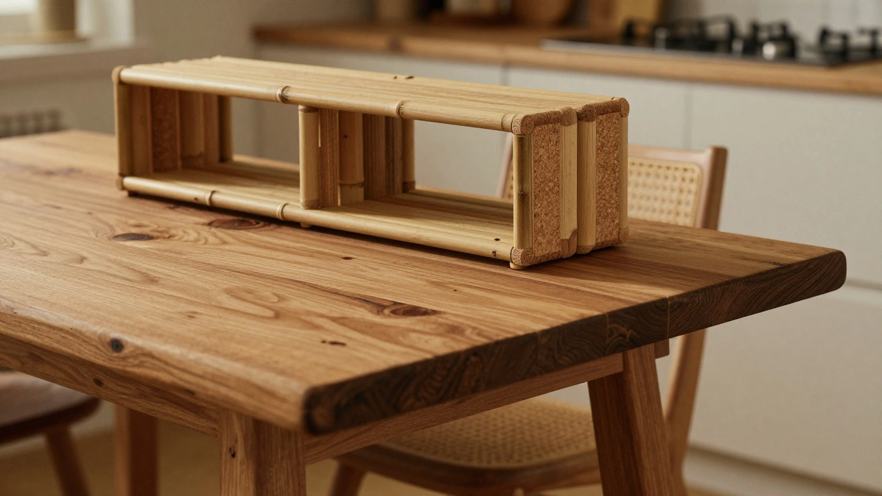Reclaimed wood dining table and bamboo shelves showing sustainable craft