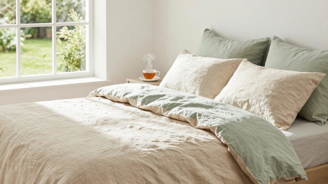Sunlit bedroom with textured, breathable linen bedding in neutral tones