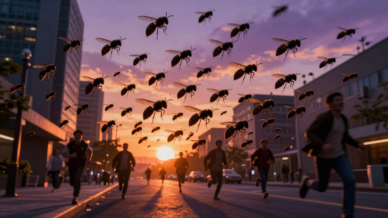 Swarm of killer wasps attacking a panicked city crowd