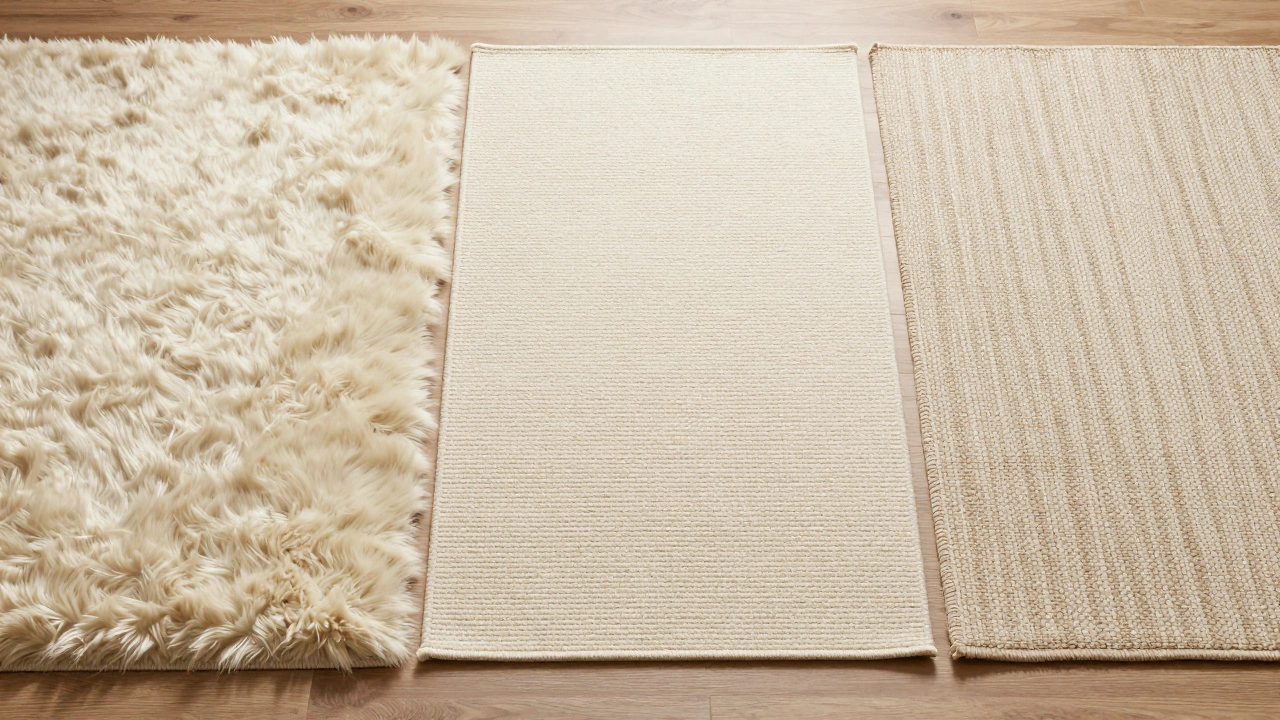 Close-up comparison of wool, cotton, and nylon rug textures on wood