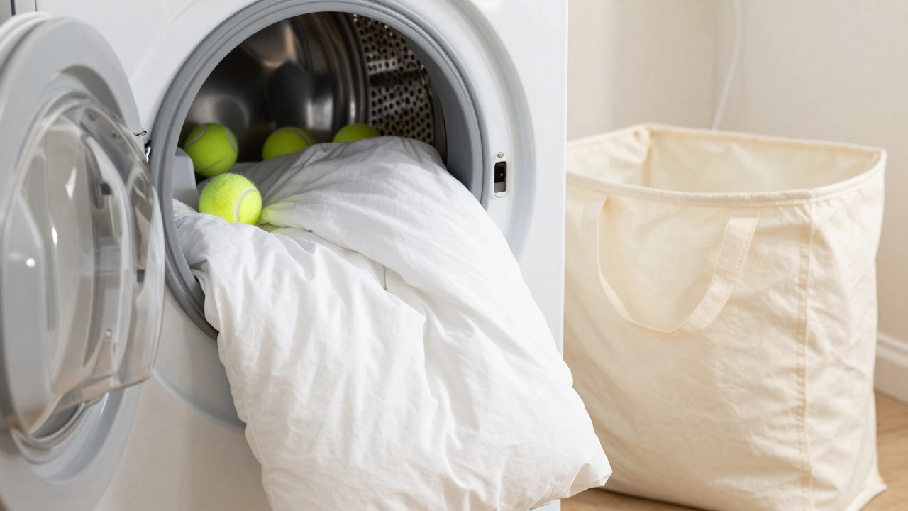 Comforter drying with tennis balls and cotton storage bag nearby