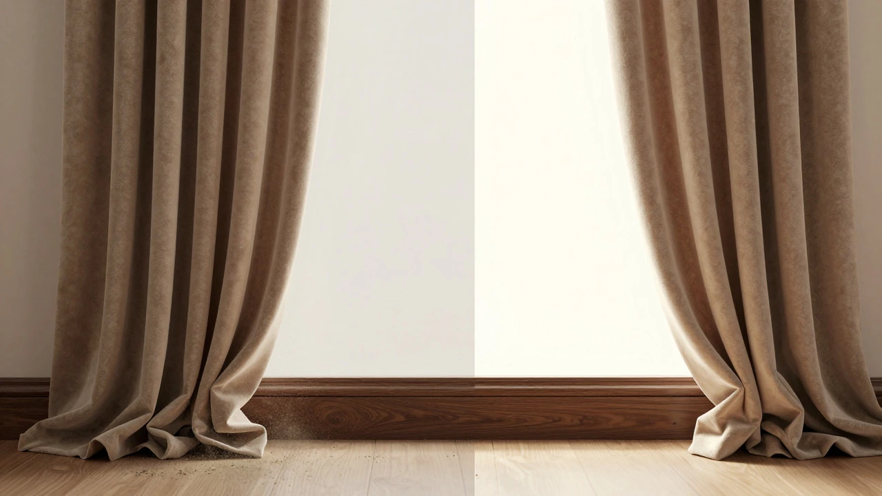 Comparison of curtains dragging on baseboard versus floating above it