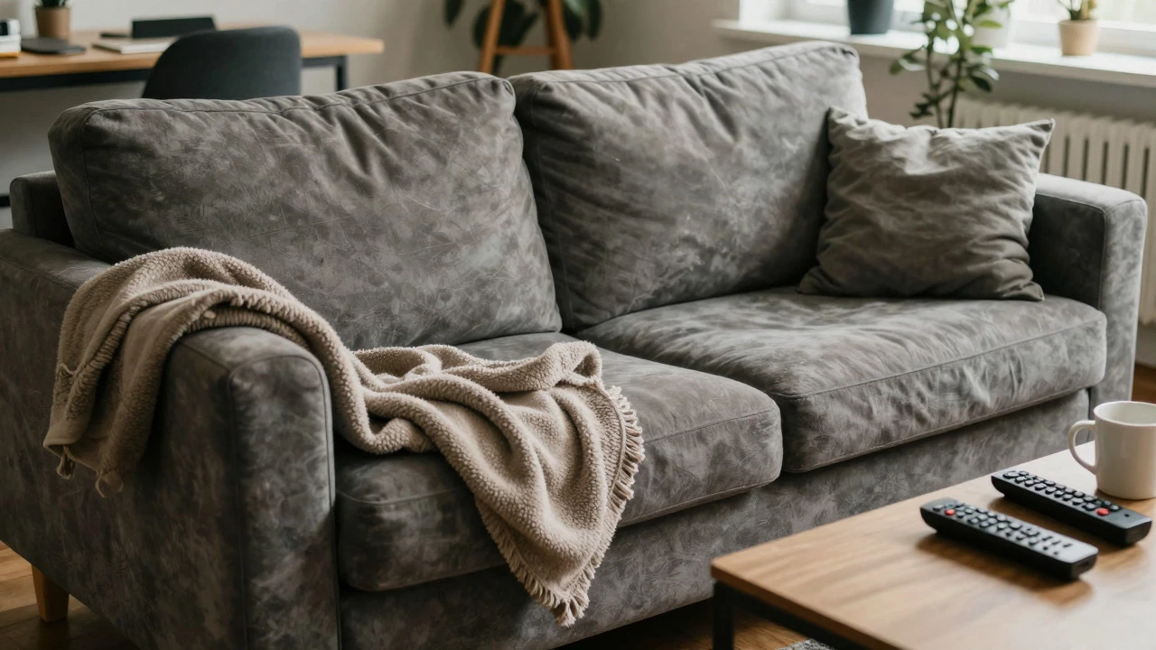 Cozy grey fabric couch with blankets in a casual, relaxed living space