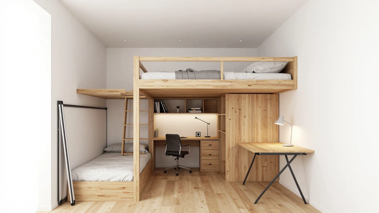 Loft bed with workspace underneath in a multi-functional tiny home