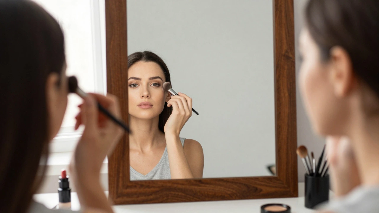 Makeup artist using an accurate non-reversing true mirror