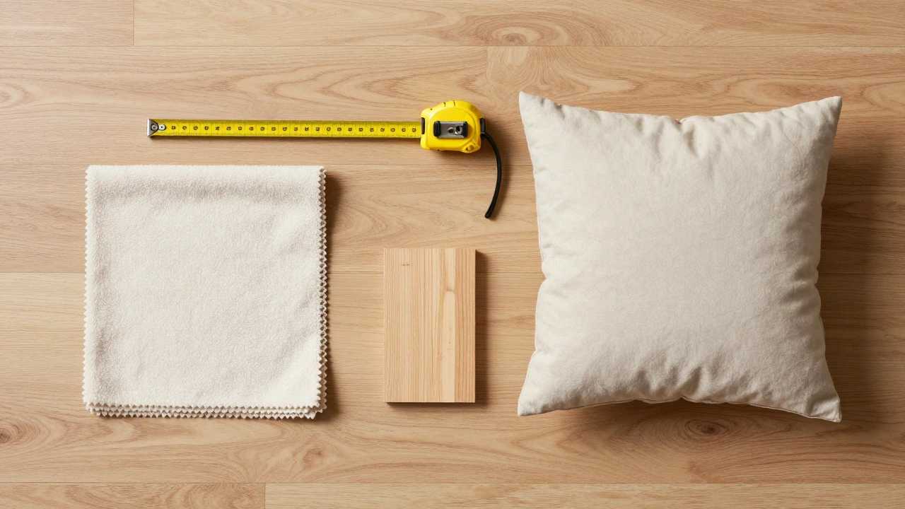 Measuring tape, fabric swatches, and wood samples on a wooden floor
