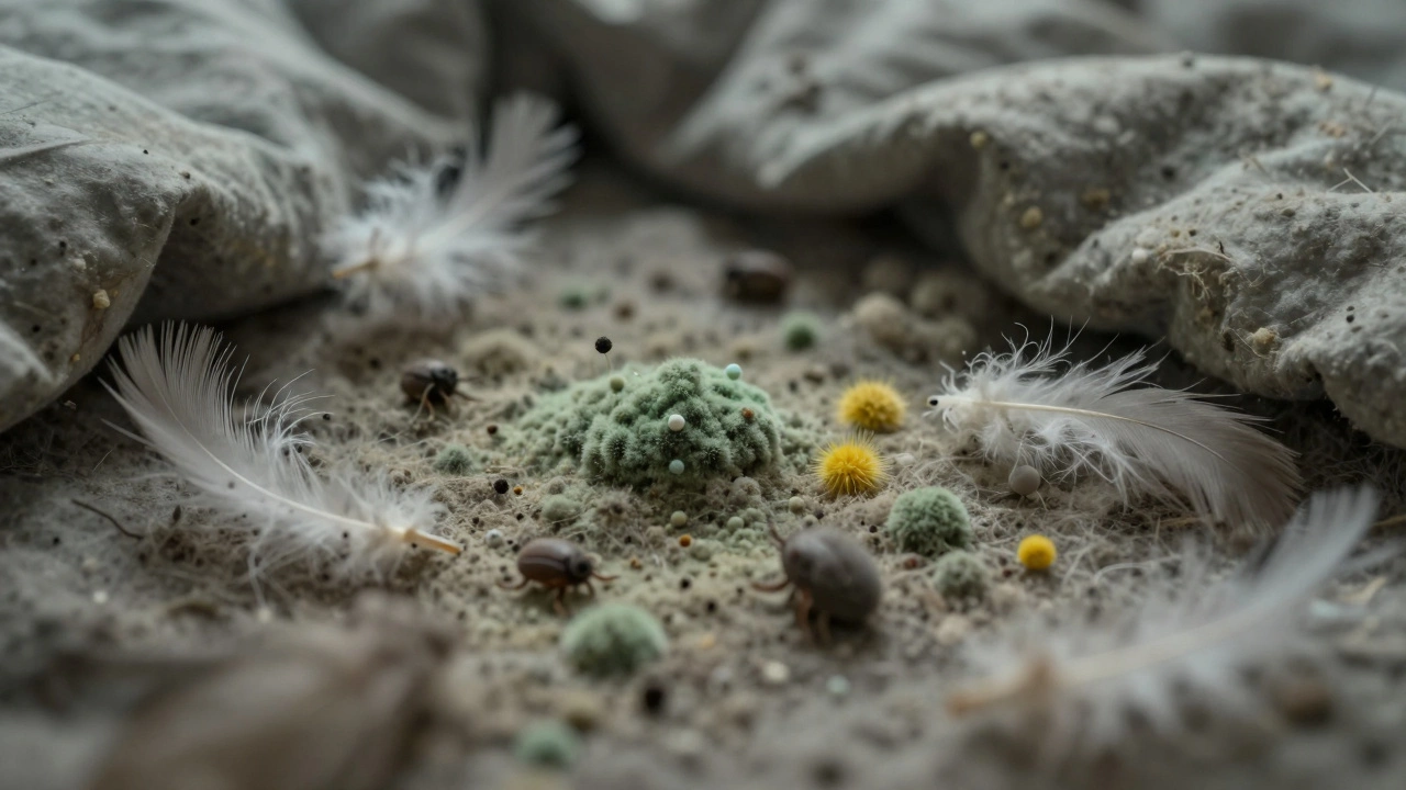 Microscopic view of dust mites and mold in old bedding fibers