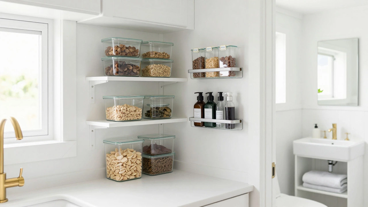 Minimalist tiny kitchen with clear containers and magnetic wall storage